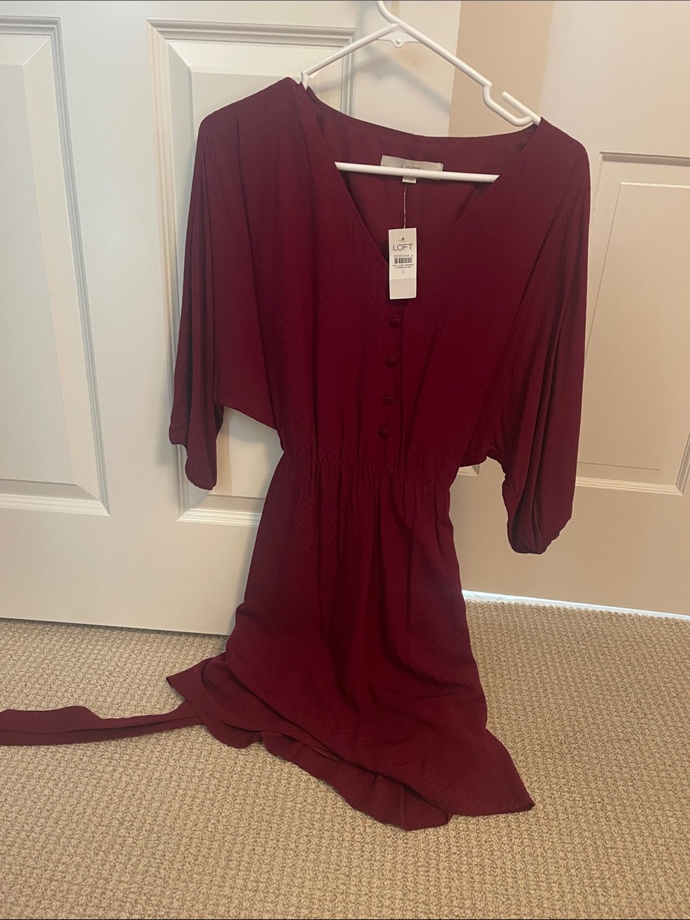 LOFT Wine Red V-Neck Button-Front Dress